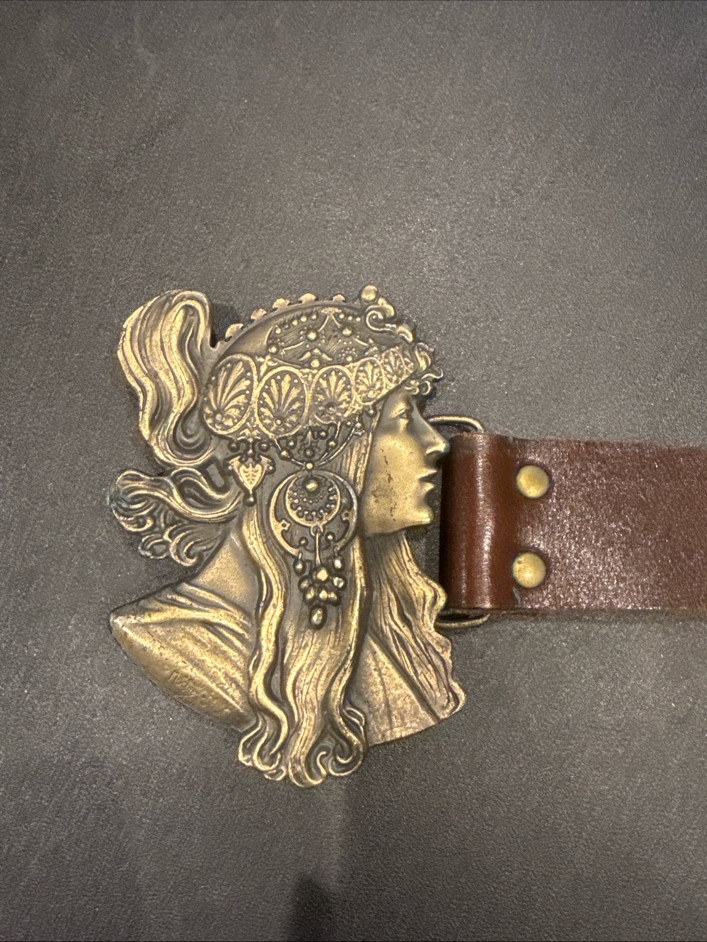 Vintage Alphonse Mucha Belt Buckle with Brown Leather Strap